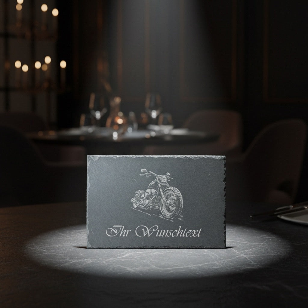 WAS Germany  Naturschiefer-Servierplatte, mit Motorrad Motiv, Schiefertafel personalisierbar mit Gravur 30 × 20 x 0,6 cm, Rechteckig,  für Käse, Sushi und Antipasti