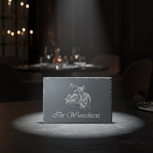 WAS Germany  Naturschiefer-Servierplatte, mit Motorrad Motiv, Schiefertafel personalisierbar mit Gravur 30 × 20 x 0,6 cm, Rechteckig,  für Käse, Sushi und Antipasti