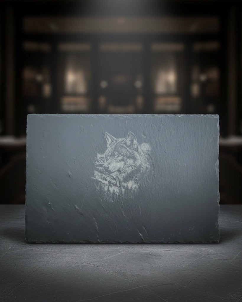 WAS Germany  Naturschiefer-Servierplatte, mit Wolf Motiv, Schiefertafel personalisierbar mit Gravur 30 × 20 x 0,6 cm,   für Käse, Sushi und Antipasti