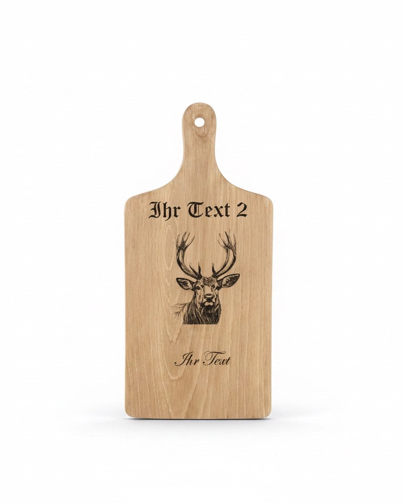 Schneidebrett aus Buchenholz mit Hirsch Gravur, 40 x 18 x 1,5 cm, Schneidebrett aus massivem Buchenholz mit eigenem Text gestalten