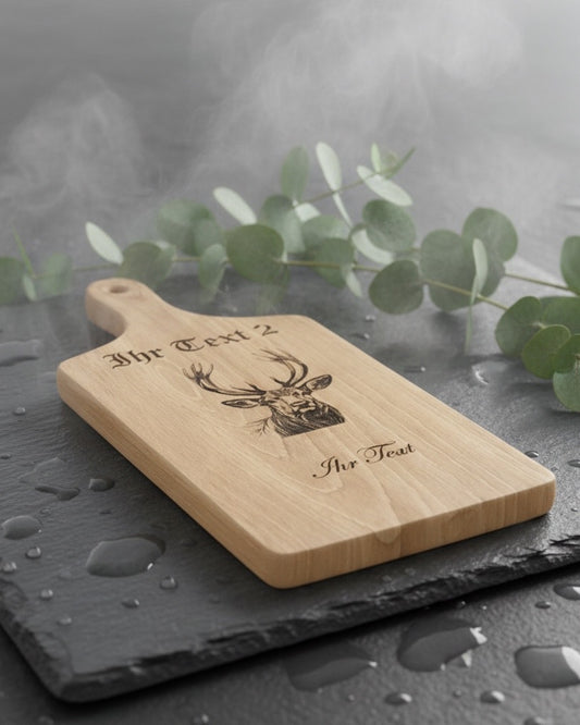 Schneidebrett aus Buchenholz mit Hirsch Gravur, 40 x 18 x 1,5 cm, Schneidebrett aus massivem Buchenholz mit eigenem Text gestalten