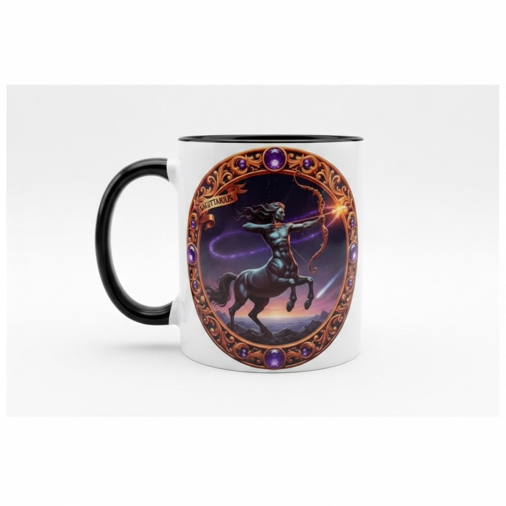 Tasse mit Sternzeichen-Motiv Schütze / beidseitig bedruckt / Spülmaschinenfest /Sublimationstasse mit hochwertiger Orca-Beschichtung/ weiß –schwarz glänzend/ 330 ml