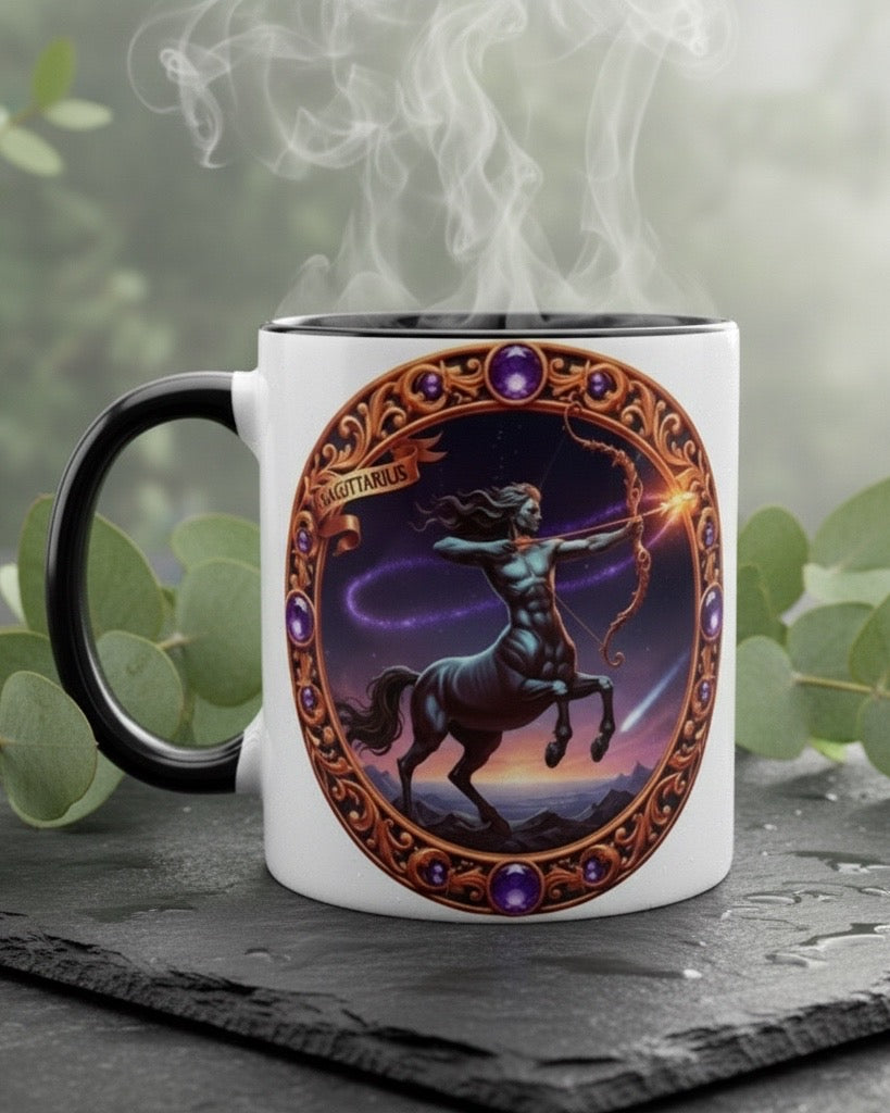 Tasse mit Sternzeichen-Motiv Schütze / beidseitig bedruckt / Spülmaschinenfest /Sublimationstasse mit hochwertiger Orca-Beschichtung/ weiß –schwarz glänzend/ 330 ml