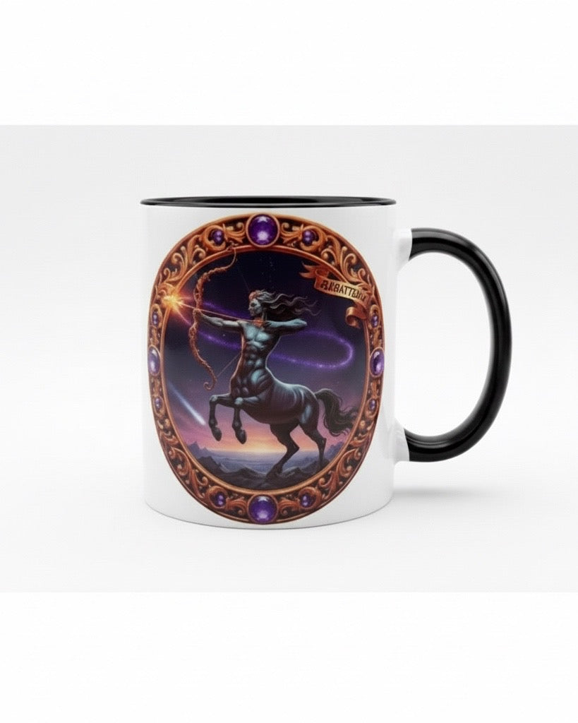 Tasse mit Sternzeichen-Motiv Schütze / beidseitig bedruckt / Spülmaschinenfest /Sublimationstasse mit hochwertiger Orca-Beschichtung/ weiß –schwarz glänzend/ 330 ml