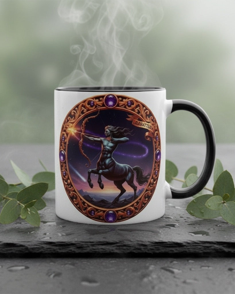 Tasse mit Sternzeichen-Motiv Schütze / beidseitig bedruckt / Spülmaschinenfest /Sublimationstasse mit hochwertiger Orca-Beschichtung/ weiß –schwarz glänzend/ 330 ml