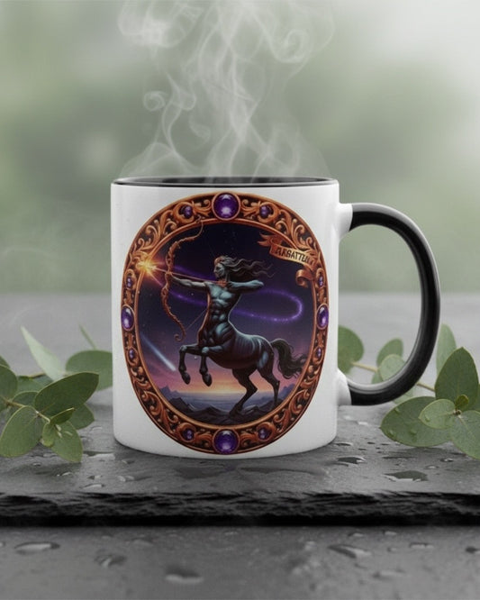 Tasse mit Sternzeichen-Motiv Schütze / beidseitig bedruckt / Spülmaschinenfest /Sublimationstasse mit hochwertiger Orca-Beschichtung/ weiß –schwarz glänzend/ 330 ml