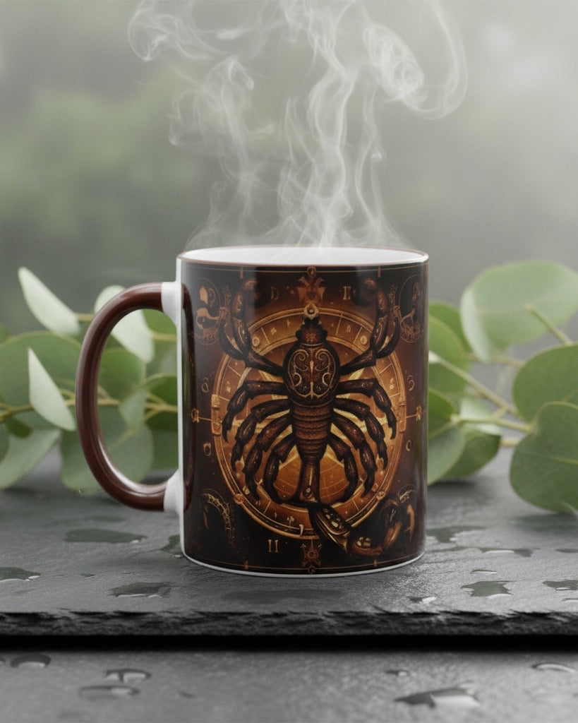 Tasse mit Sternzeichen-Motiv Skorpion / beidseitig bedruckt / Spülmaschinenfest /Sublimationstasse mit hochwertiger Orca-Beschichtung/ weiß-maroon glänzend/ 330 ml