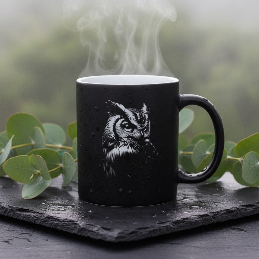 Keramik Kaffeetasse mit Lasergravur, verschiedene Motive, Schwarz, Matt mit weißem Innenbereich, Personalisierbar, Geschenkidee, 350ml