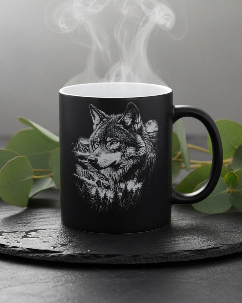 Keramik Kaffeetasse mit Lasergravur, verschiedene Motive, Schwarz, Matt mit weißem Innenbereich, Personalisierbar, Geschenkidee, 350ml