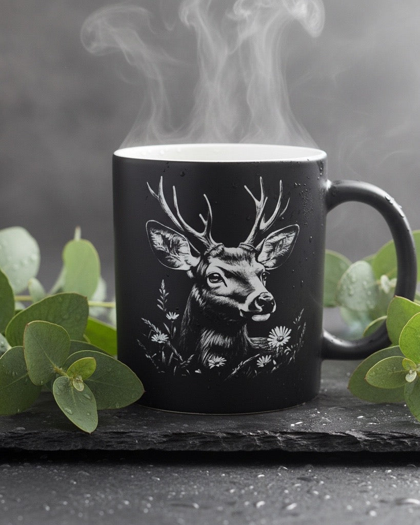 Keramik Kaffeetasse mit Lasergravur, verschiedene Motive, Schwarz, Matt mit weißem Innenbereich, Personalisierbar, Geschenkidee, 350ml
