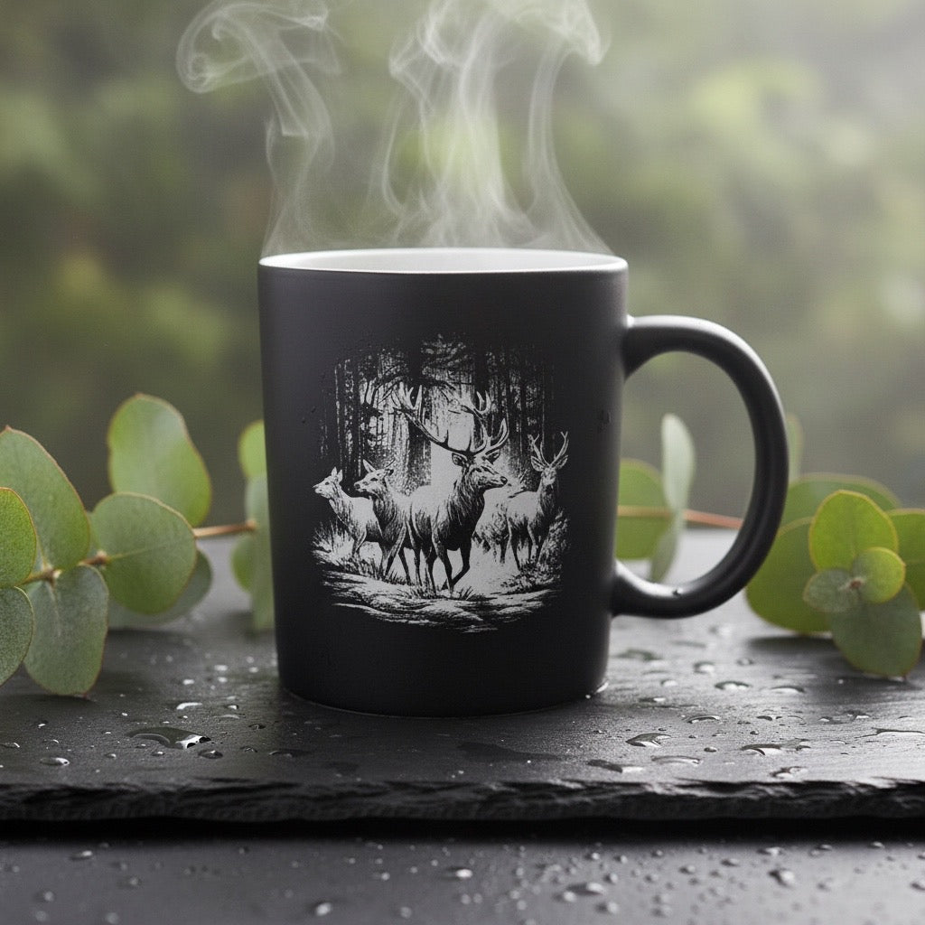 Keramik Kaffeetasse mit Lasergravur, verschiedene Motive, Schwarz, Matt mit weißem Innenbereich, Personalisierbar, Geschenkidee, 350ml