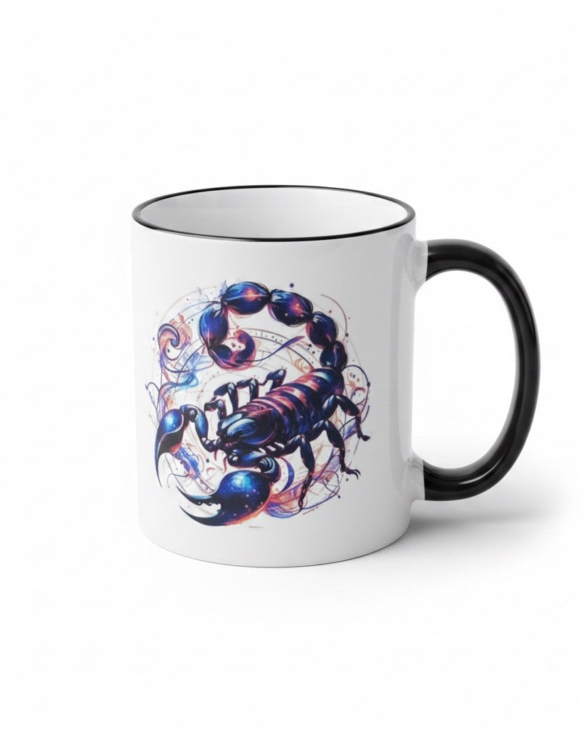 Tasse mit Sternzeichen-Motiv Skorpion / beidseitig bedruckt / Spülmaschinenfest /Sublimationstasse mit hochwertiger Orca-Beschichtung/ weiß – schwarz glänzend/ 330 ml