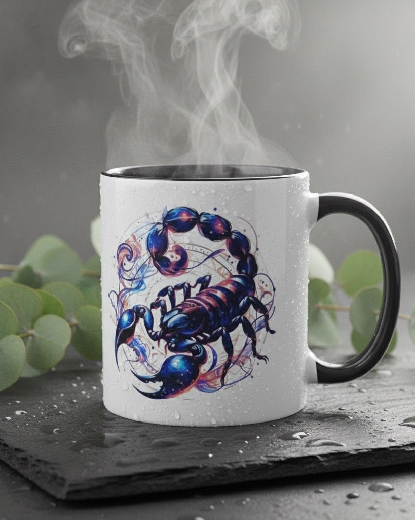 Tasse mit Sternzeichen-Motiv Skorpion / beidseitig bedruckt / Spülmaschinenfest /Sublimationstasse mit hochwertiger Orca-Beschichtung/ weiß – schwarz glänzend/ 330 ml