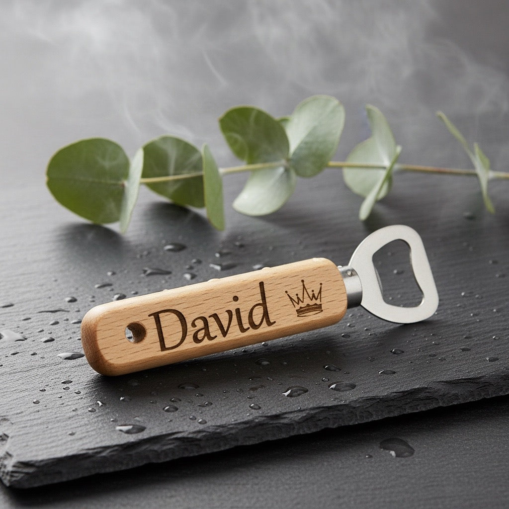 Flaschenöffner mit Gravur | Holz Edelstahl | Personalisierter Flaschenöffner | Bieröffner | Geschenkidee | Werbegeschenke