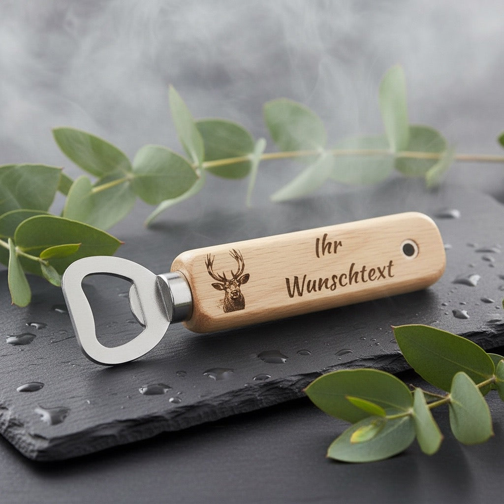 Flaschenöffner mit Gravur | Holz Edelstahl | Personalisierter Flaschenöffner | Bieröffner | Geschenkidee | Werbegeschenke