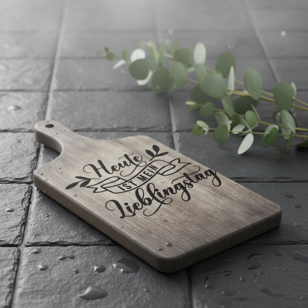 Holz-Schneidebrett mit Gravur, Buchenholz, 40 x 18 x 1,5 cm, mit Griff, Personalisierbar, Spruch-Motiv