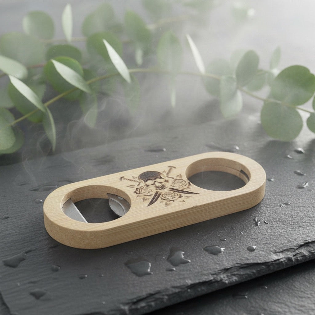 Bambus Flaschenöffner, beidseitige Gravur,  Flaschenöffner mit Gravur, Personalisiert, Geschenkidee, Werbegeschenke