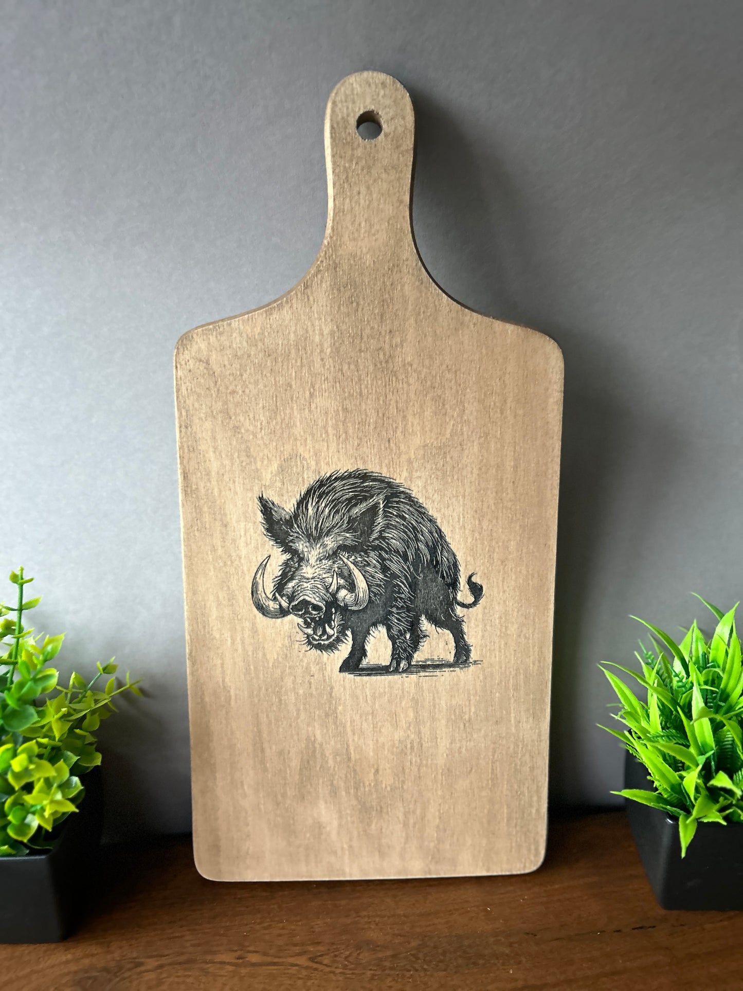 Schneidebrett aus Buchenholz mit Wildschwein Lasergravur, 40 x 18 x 1,5 cm, Schneidebrett aus massivem Buchenholz mit eigenem Text gestalten