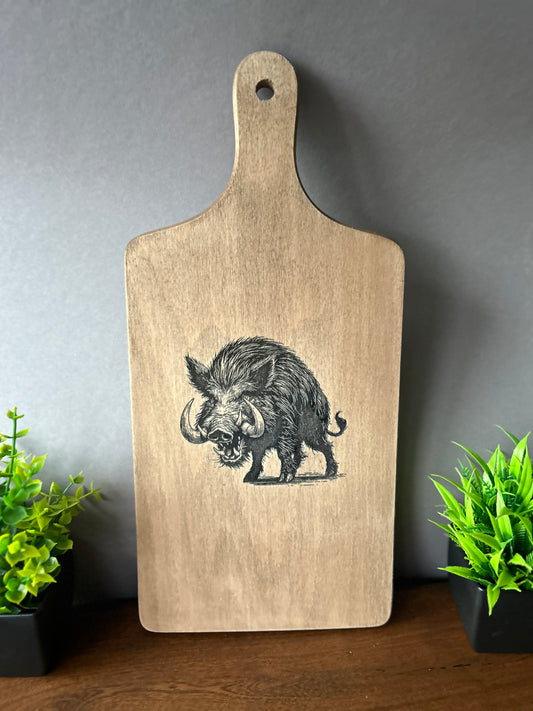 Schneidebrett aus Buchenholz mit Wildschwein Lasergravur, 40 x 18 x 1,5 cm, Schneidebrett aus massivem Buchenholz mit eigenem Text gestalten