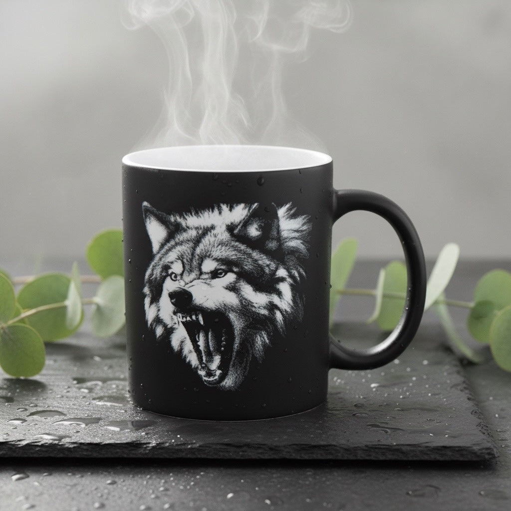 Keramik Kaffeetasse mit Lasergravur, verschiedene Motive, Schwarz, Matt mit weißem Innenbereich, Personalisierbar, Geschenkidee, 350ml