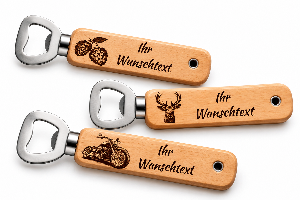 Flaschenöffner mit Gravur | Holz Edelstahl | Personalisierter Flaschenöffner | Bieröffner | Geschenkidee | Werbegeschenke