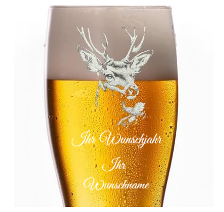 Bierglas in 2 Varianten, Transparentes Kristallglas, Hirsch Motiv Lasergravur, 500ml Fassungsvermögen, mit Lasergravur gestalten