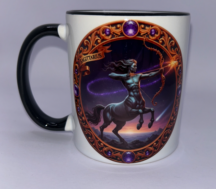 Tasse mit Sternzeichen-Motiv Schütze / beidseitig bedruckt / Spülmaschinenfest /Sublimationstasse mit hochwertiger Orca-Beschichtung/ weiß –schwarz glänzend/ 330 ml
